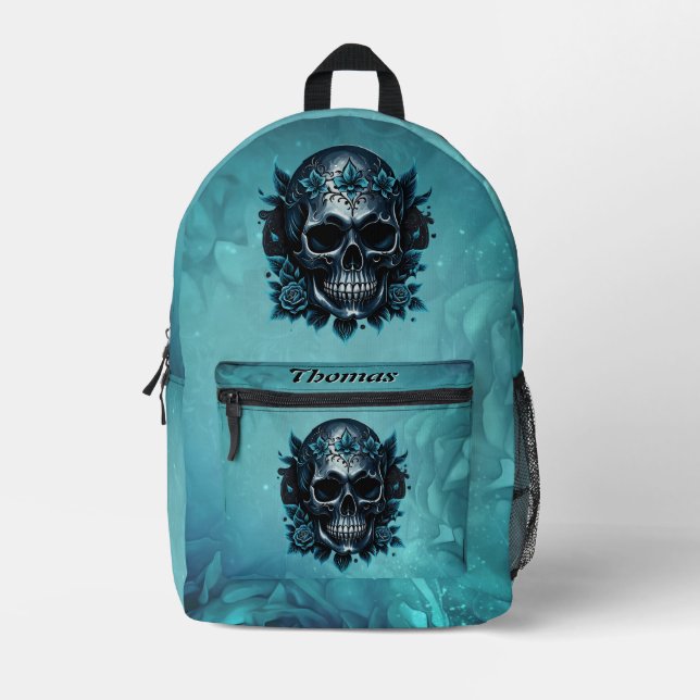 Dark blue skull with roses. printed backpack (Front)