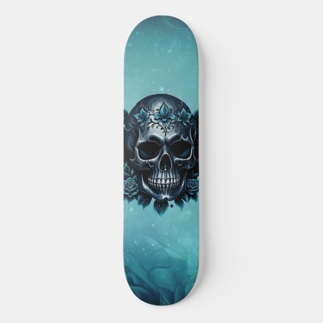 Dark blue skull with roses. skateboard (Front)
