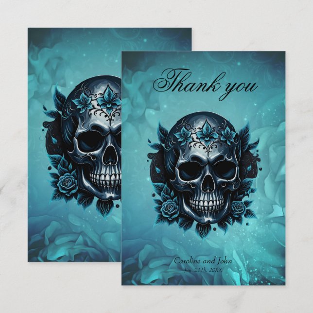 Dark blue skull with roses. thank you card (Front/Back)