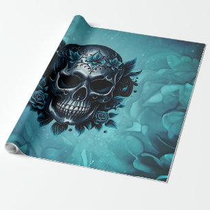 Dark blue skull with roses. wrapping paper
