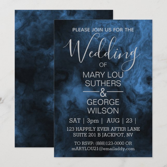 Dark Blue Smoked Marble Wedding Invitation (Front/Back)