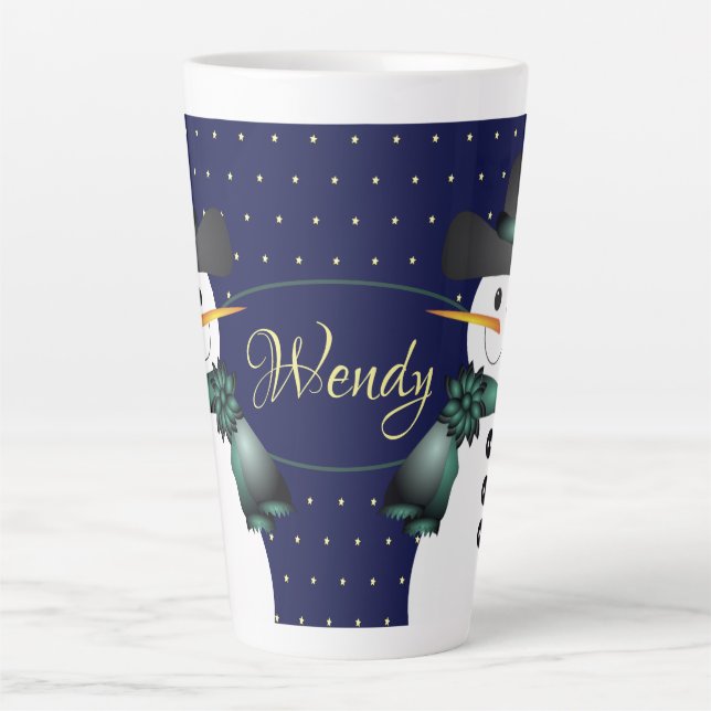 Dark Blue Snowman Latte Mug (Front)