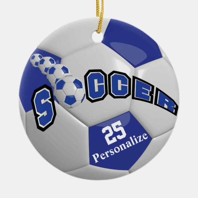 Dark Blue Soccer Ball | Personalise Ceramic Tree Decoration (Front)