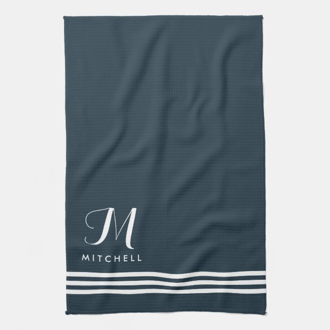 Dark Blue Sophisticated Stripes and Monogram Tea Towel (Vertical)