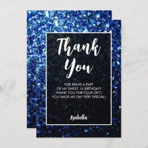 Dark blue sparkles Sweet 16 elegant script Thank You Card