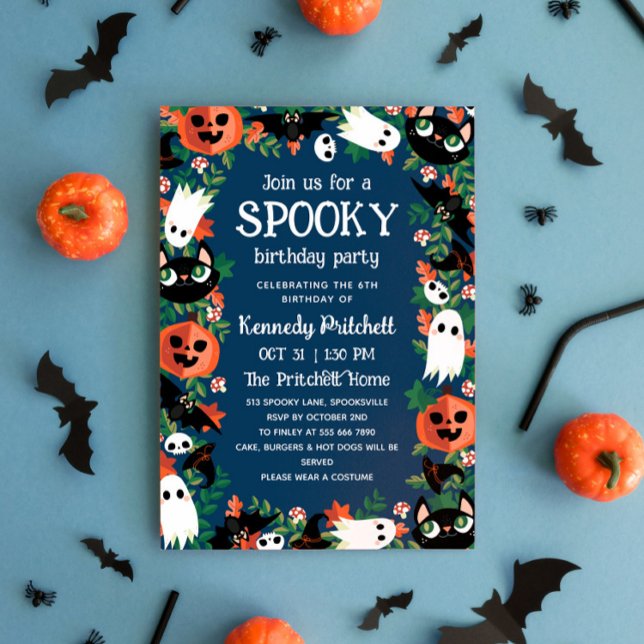 Dark Blue Spooky Halloween Kids Birthday Party Invitation (Creator Uploaded)