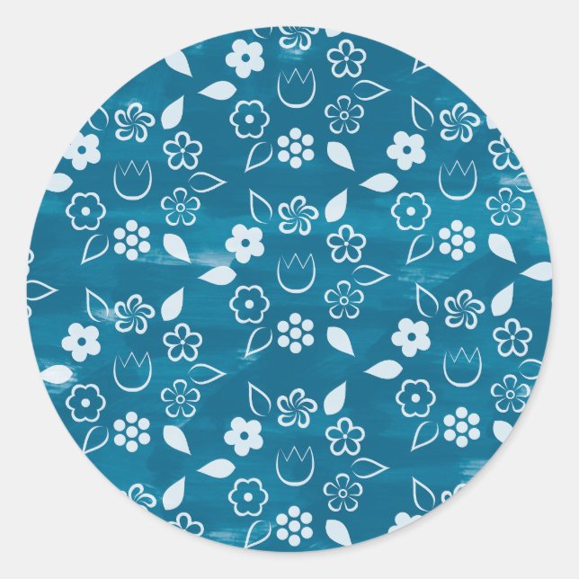 Dark Blue Spring and Summer Flower Pattern Classic Round Sticker (Front)