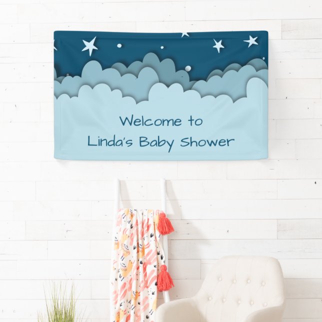 Dark Blue Stars Celestial Welcome Baby Shower Banner (Insitu)