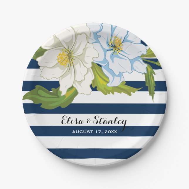 Dark blue stripes & flowers modern floral wedding paper plate (Front)