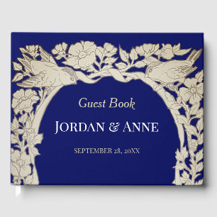Dark Blue Tan Floral Bird Pencil Drawing Wedding Guest Book