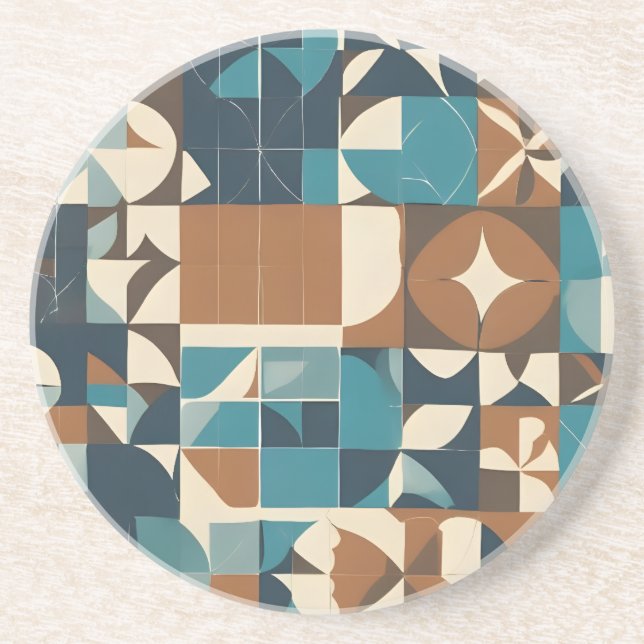 Dark Blue, Teal, Brown, and Tan Geometric Pattern Coaster (Front)