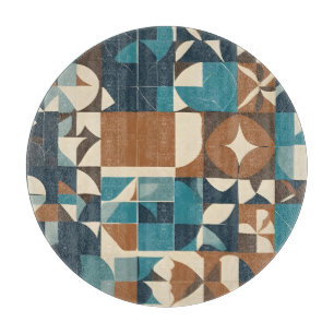 Dark Blue, Teal, Brown, and Tan Geometric Pattern Cutting Board