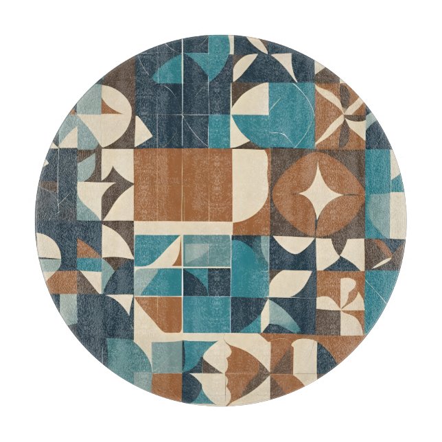 Dark Blue, Teal, Brown, and Tan Geometric Pattern Cutting Board (Front)