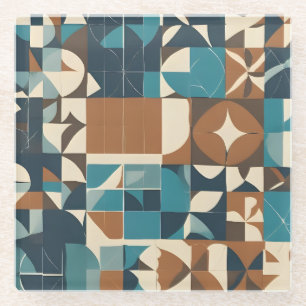 Dark Blue, Teal, Brown, and Tan Geometric Pattern Glass Coaster