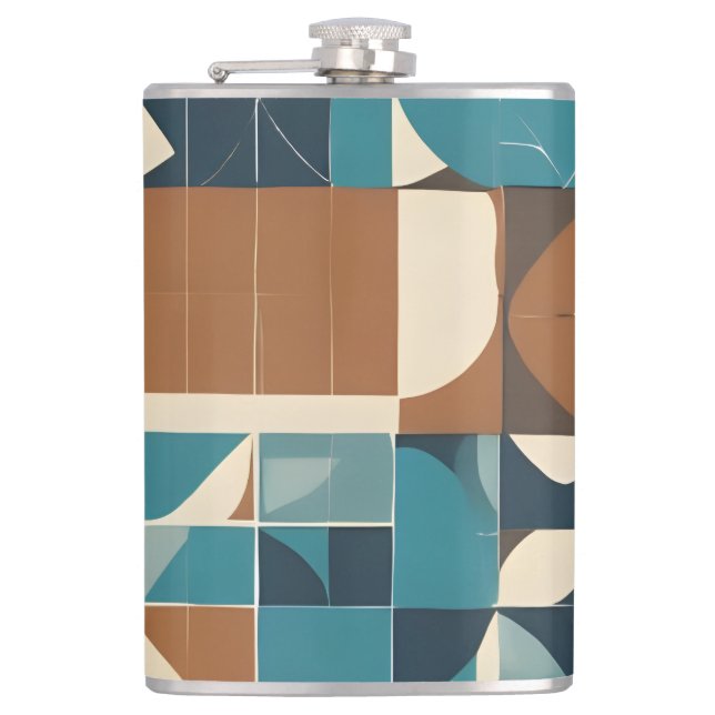 Dark Blue, Teal, Brown, and Tan Geometric Pattern Hip Flask (Front)