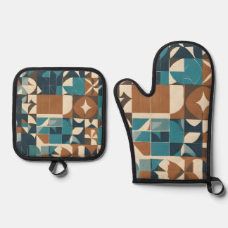Dark Blue, Teal, Brown, and Tan Geometric Pattern Oven Mitt & Pot Holder Set