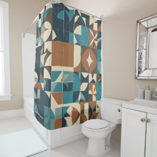 Dark Blue, Teal, Brown, and Tan Geometric Pattern Shower Curtain