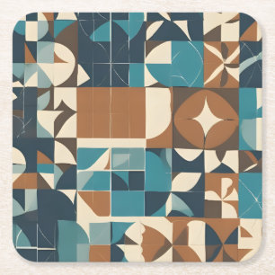 Dark Blue, Teal, Brown, and Tan Geometric Pattern Square Paper Coaster