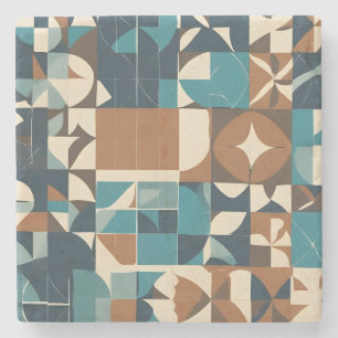 Dark Blue, Teal, Brown, and Tan Geometric Pattern Stone Coaster