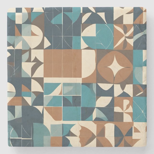 Dark Blue, Teal, Brown, and Tan Geometric Pattern Stone Coaster (Front)