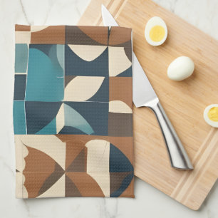 Dark Blue, Teal, Brown, and Tan Geometric Pattern Tea Towel