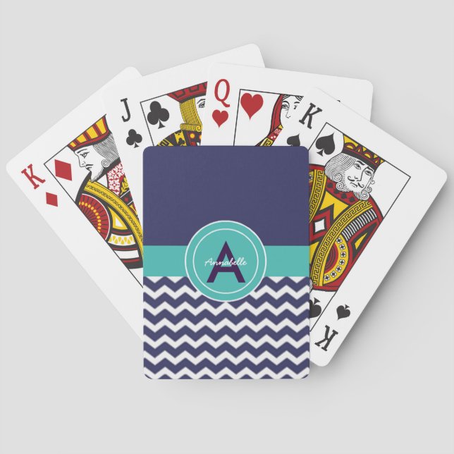 Dark Blue Teal Chevron Playing Cards (Back)