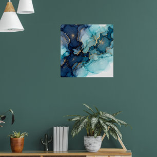 Dark Blue Teal Fluid Abstract Art Poster