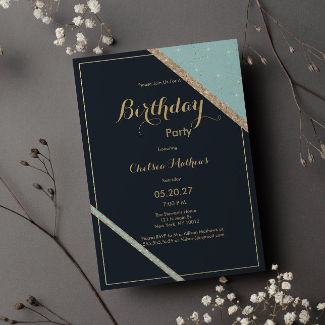 Dark blue teal gold glitter geometric Birthday Invitation (Dark blue teal gold glitter geometric Birthday Invitation )