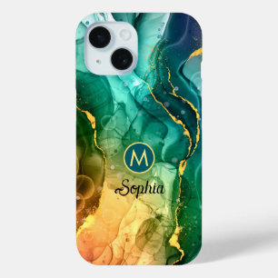 Dark Blue Teal Yellow Green Liquid Ink, Monogram iPhone 15 Case