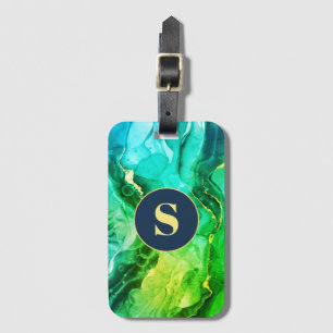Dark Blue Teal Yellow Green Liquid Ink, Monogram Luggage Tag
