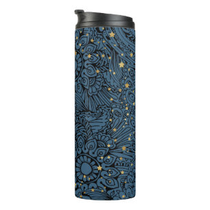 Dark Blue Thermal Tumbler with Stars & Flowers