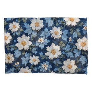 Dark Blue Tile White Floral  Pillowcase