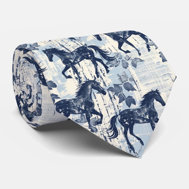 Dark Blue Toile Horses Racing Tie (Rolled)
