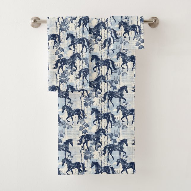 Dark Blue Toile Horses Seamless Bath Towel Set (Insitu)