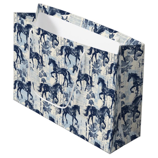 Dark Blue Toile Horses Seamless Large Gift Bag (Front Angled)