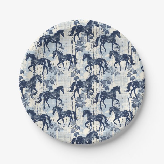 Dark Blue Toile Horses Seamless Paper Plate (Front)