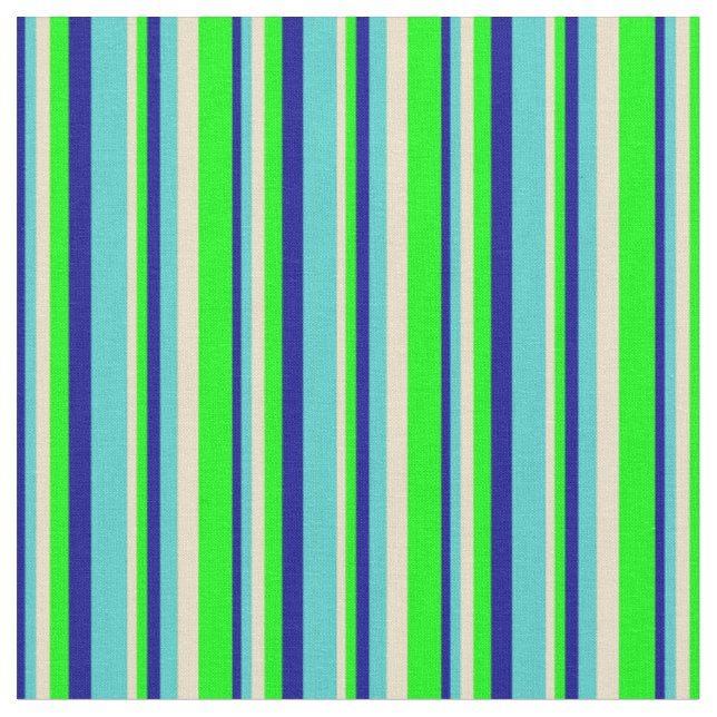 Dark Blue, Turquoise, Tan, and Lime Coloured Lines Fabric (Close Up)