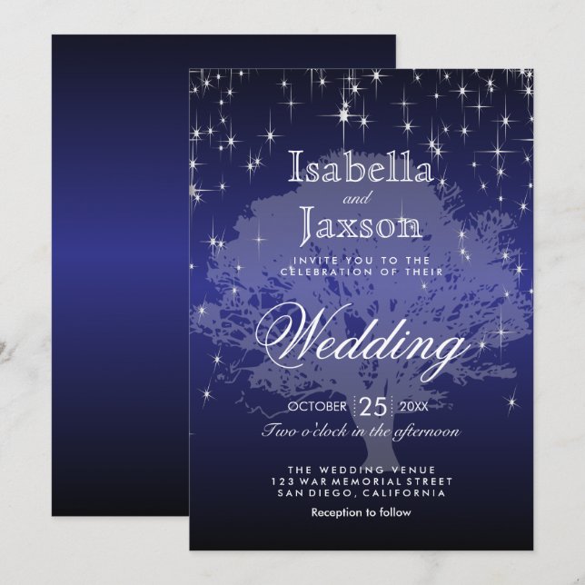 Dark Blue Under the Stars Wedding Invitation (Front/Back)