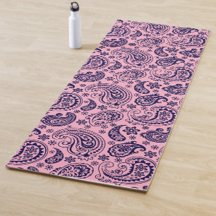 Dark-blue vintage paisley on pink yoga mat