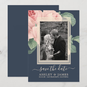 Dark Blue Vintage Pink Rose Wedding Save the Date Invitation