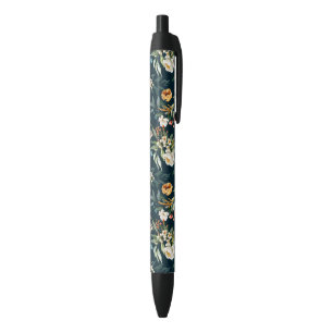 Dark Blue Vintage Style Garden Flower Pattern Black Ink Pen