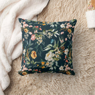 Dark Blue Vintage Style Garden Flower Pattern Cushion
