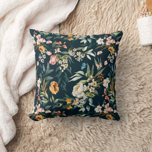 Dark Blue Vintage Style Garden Flower Pattern Cushion (Blanket)