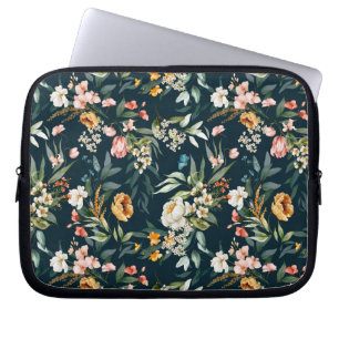 Dark Blue Vintage Style Garden Flower Pattern Laptop Sleeve