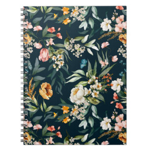 Dark Blue Vintage Style Garden Flower Pattern Notebook