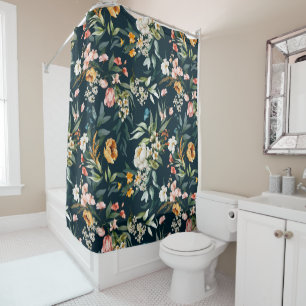 Dark Blue Vintage Style Garden Flower Pattern Shower Curtain