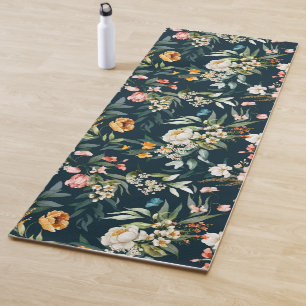 Dark Blue Vintage Style Garden Flower Pattern Yoga Mat