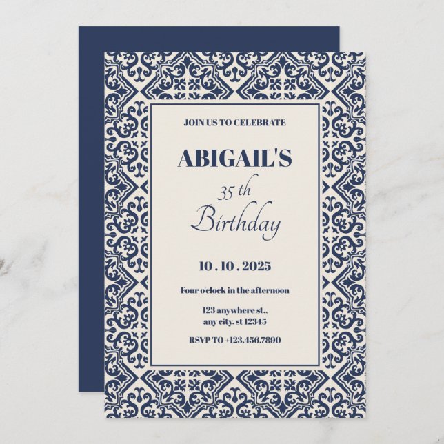 Dark blue vintage tile  invitation (Front/Back)