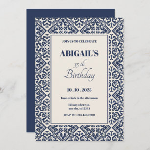 Dark blue vintage tile  invitation