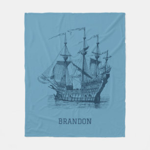 Dark blue vintage wind sailing boat illustration fleece blanket